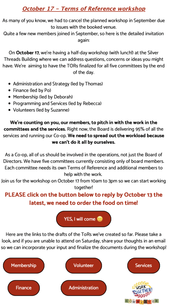 ToR workshop (with lunch) for members (registration required)