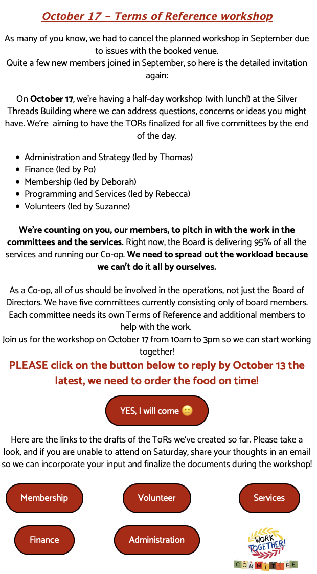 ToR workshop (with lunch) for members (registration required)